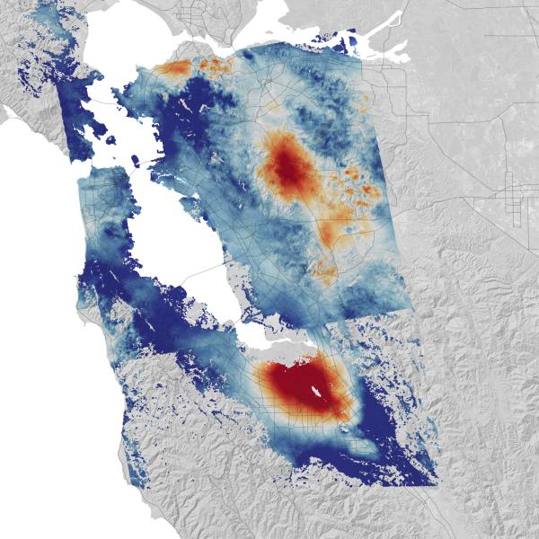 California Coast A map of California's San Francisco Bay Area with the amounts of vertical land motion colored in red for rising areas and blue for falling areas.