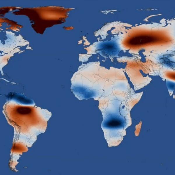 Screenshot showing map of world with oceans in a uniform blue and colors on continents and landmasses indicating changes in terrestrial water storage.