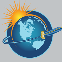 Image of Earth with Sun rising in northwest; satellite in orbit around planet