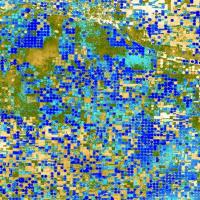 A piece of a larger ECOSTRESS image showing the impact of center-pivot irrigation in the state of Kansas.