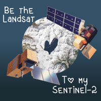 A graphic of two satellites, Landsat and Sentinel-2, on a dark blue background, surround a heart-shaped part in the clouds over the globe.