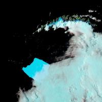 False-color corrected reflectance image of Iceberg A23a near South Georgia Island on March 4, 2025 from the MODIS instrument aboard the Aqua satellite
