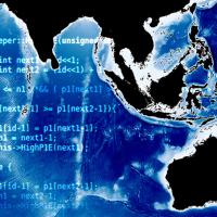 image of code and map of earth