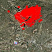 FIRMS imagery shows the Hughes Fire active fire detections occurring during January 22, 2025 (red); Static Thermal Anomalies - Detections from the overnight hours of January 22-23 associated with the landfill to the southwest (cyan); and Static Thermal Anomalies - Mask layer (pink).