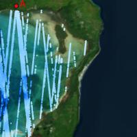 This true-color image of Kiriwina Island in in Papua New Guinea shows the 55 tracks of ATL24 bathymetry data.