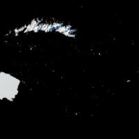 True-color corrected reflectance image of Icebergs A23a and A23c near the South Georgia Island, Antarctica on 3 May 2025 from the VIIRS instrument aboard the joint NASA/NOAA NOAA-21 satellite.