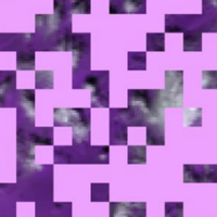 This image is a random mix of pink computered-generated pixel squares, gray-to-white cloud squares, and purple background squares. A majority of the image is colored with pink squares. 