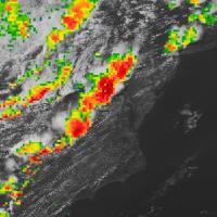 IMERG Precipitation Rate overlaid on base image captured by the ABI instrument aboard the GOES-East platform at 4:30pm ET on June 19, 2025.