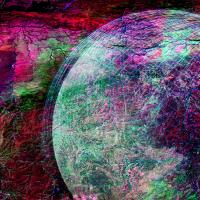 SAR land data image with globe pattern overlay