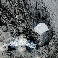 True-color corrected reflectance image of Iceberg A23A and iceberg A23F on 17 August 2025 from the MODIS instrument aboard the Aqua satellite