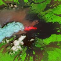 An HLS image from June 27, 2025, showing smoke rising out of Mt. Etna.