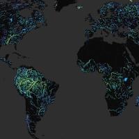 data visualization shows the mean flow of global rivers for March 2023 to May 2025, as seen by the Surface Water and Ocean Topography (SWOT) platform (m3/s). Yellow indicates larger water flow estimates, while blues reflect smaller river flow estimates. 