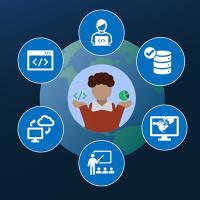 This graphic shows Earth on a blue background. Overlayed across the image and arranged in a circle are seven various graphics of computers, people, and technology representing the use of data.