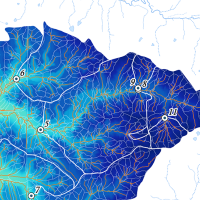 A topographical map of the Goodwin Creek Watershed in Mississippi. Portions of the map are colored in shades of blue to green to show increasing elevation above a water outlet.