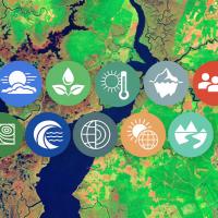 Earthdata data pathfinder icons displayed on top of satellite imagery.