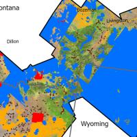 Pictured is satellite imagery of portions of Montana, Idaho, and Wyoming. Portions of the map are colored blue for areas of EMIT and SAR data masking. Yellow where there is landing cover masking. Red where high-resolution model training was used. Dots for training point data. And white to show the total area of analysis extent.