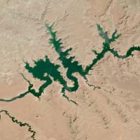 satellite image showing lower water levels in Lake Mead