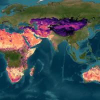 a map of Africa and Asia showing silica deposits detected by ECOSTRESS.