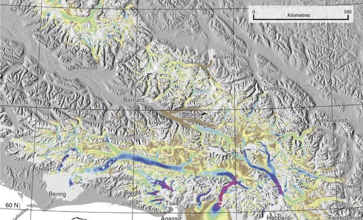 Glacier surface-velocity map of the Wrangell and St. Elias Ranges. Light grey glacier outlines indicate missing data. Image credit: Evan Burgess, 2013. Includes Material © JAXA,METI 2006-2011