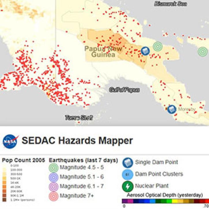 This image of Papua New Guinea shows population densities indicated by brown and yellow shaded areas, with darker colors indicating higher densities.