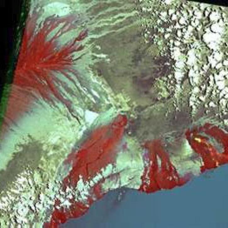 False-color composite image of Mount Kilauea, red indicates solidified rock from previous lava flows.