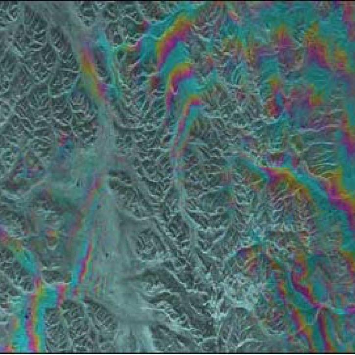 This Synthetic Aperture Radar (SAR) interferogram includes the epicenters of the October 23, 2002, and November 3, 2002 Denali Fault earthquakes, which are located at the extreme western end of the fault rupture.