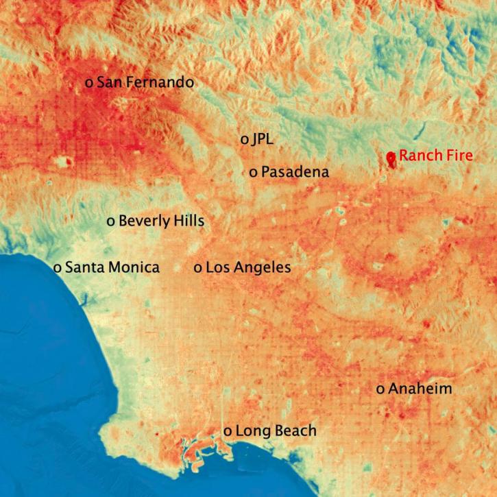 This temperature map shows the land surface temperatures throughout Los Angeles County on Aug. 14, 2020. The observation was made possible by NASA's Ecosystem Spaceborne Thermal Radiometer Experiment on Space Station (ECOSTRESS), which measured a peak land surface temperature in the San Fernando Valley, northwest of downtown Los Angeles, of 128.3 degrees Fahrenheit (53.5 degrees Celsius).