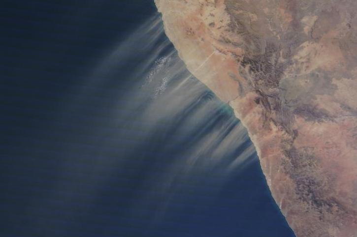 Image of dust blowing off the coast of Namibia captured on May 16, 2022 by the MODIS instrument aboard the Aqua satellite.