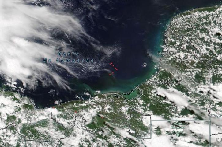 Red fire points indicating the presence of oil rigs in Campeche Bay, Mexico on August 1, 2022 as captured by VIIRS instrument aboard joint NASA/NOAA NOAA-2 satellite.