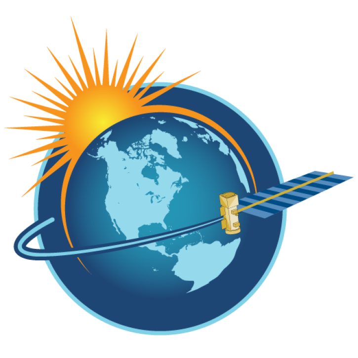 Blue globe with yellow sunburst in upper left and satellite circling the equator.