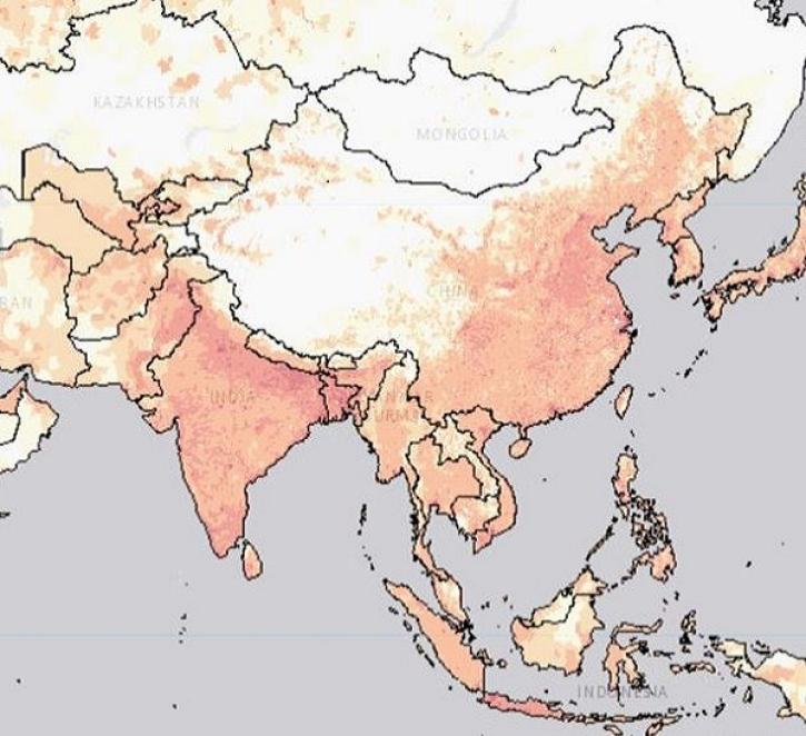 This graphic from POPGRID Viewer offers a visual representation of population data (orange and pink) in China, India, Japan, North and South Korea, and several other countries in the region.