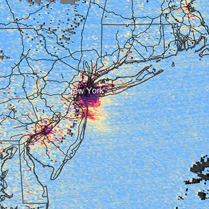 A square image showing nitrogen dioxide levels over the New York City region. Red and yellow areas indicate areas of high nitrogen dioxide concentrations.