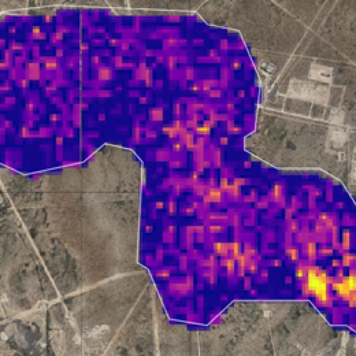 Image of a methane plume overlaid on a topo map; highest methane concentrations are in southeast corner (yellow area); rest of plume is low concentrations (purple)