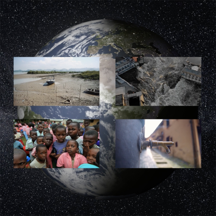 Image of Earth overlain with four images showing elements of environmental justice