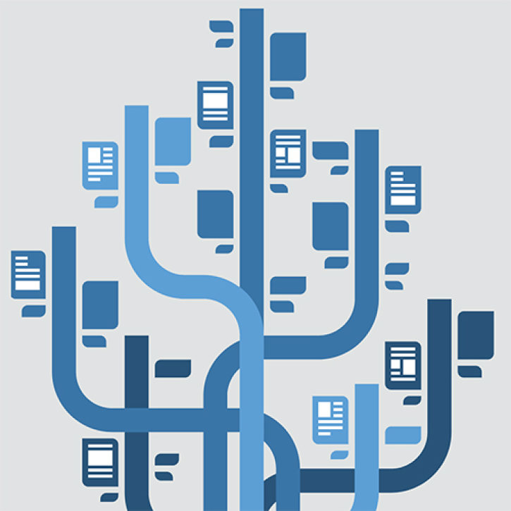 Square image with blue forking lines; blue data page icons are along the lines