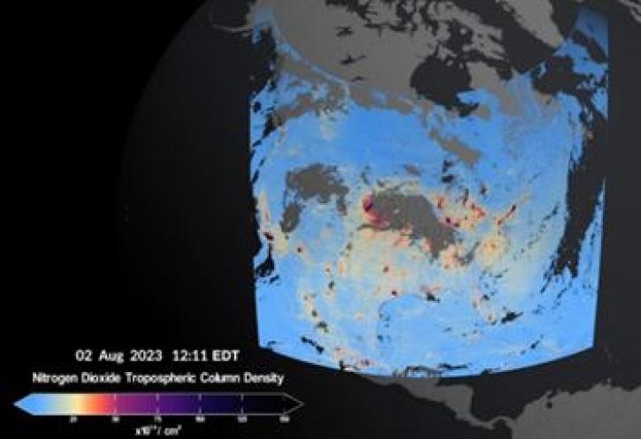 This TEMPO data shows high levels of nitrogen dioxide over multiple urban areas in North America.