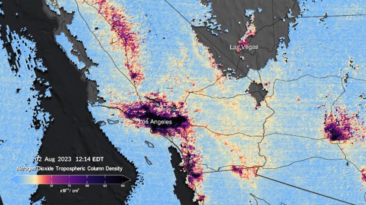Map of TEMPO measurements of nitrogen dioxide over Southern California at 12:14 pm EDT, August 2, 2023 illustrating higher levels of nitrogen dioxide over Los Angeles