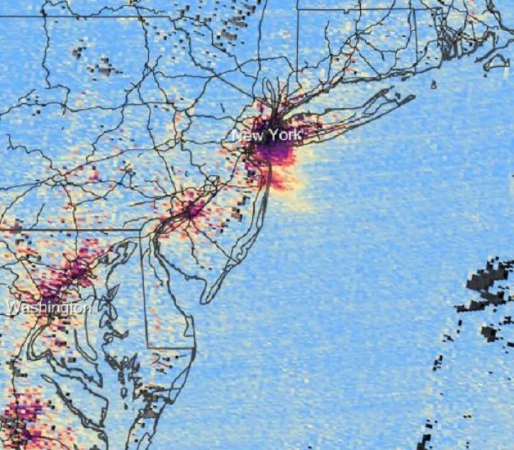 This image from the first light release of data from the TEMPO mission shows areas air pollution over the New York City and Washington, DC.