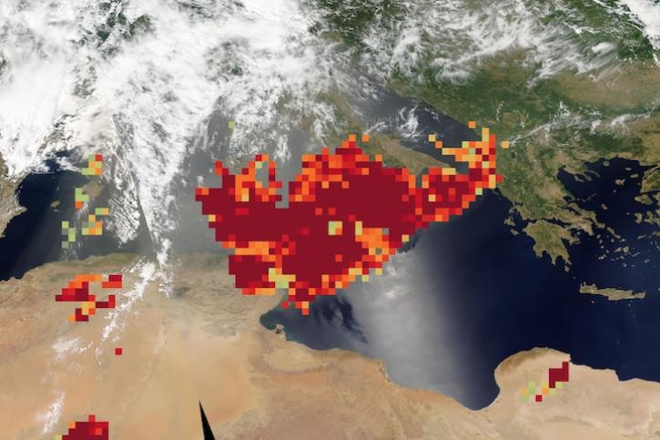 True color corrected reflectance image overlaid with high dust values over Sardinia and Sicily on 20 June 2024 from the AIRS and MODIS instruments aboard the Aqua satellite