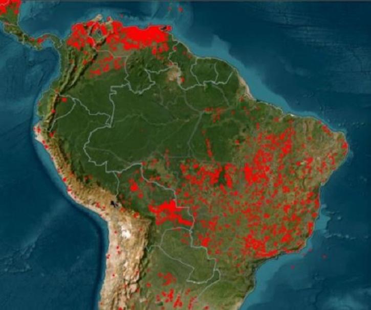 An image of South America from FIRMS showing the location of active fires on the landscape.