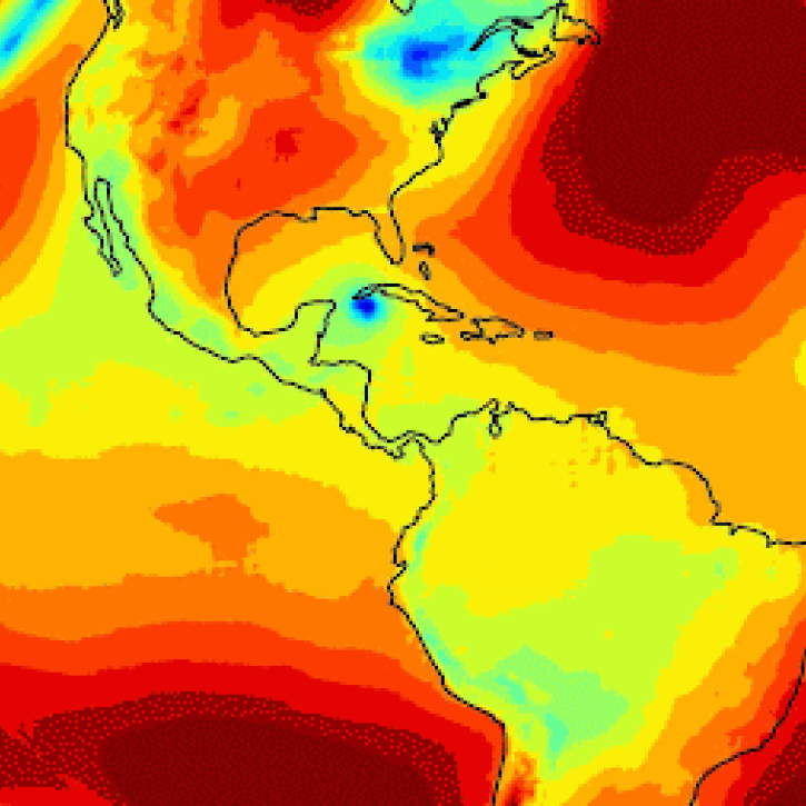 Image of North and South America with colors indicating predicted wind speed