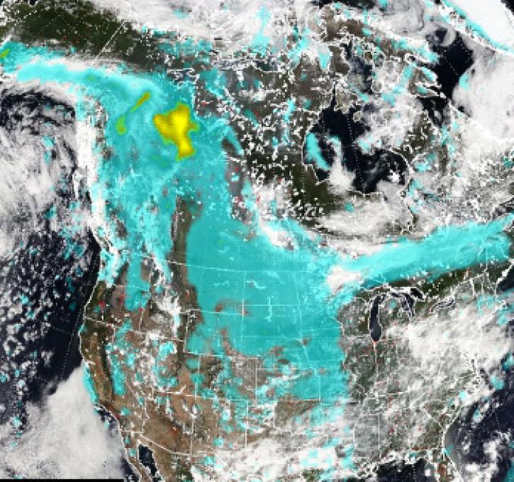 NOAA-21 OMPS Aerosol Index overlaid on NOAA-21 VIIRS true color imagery