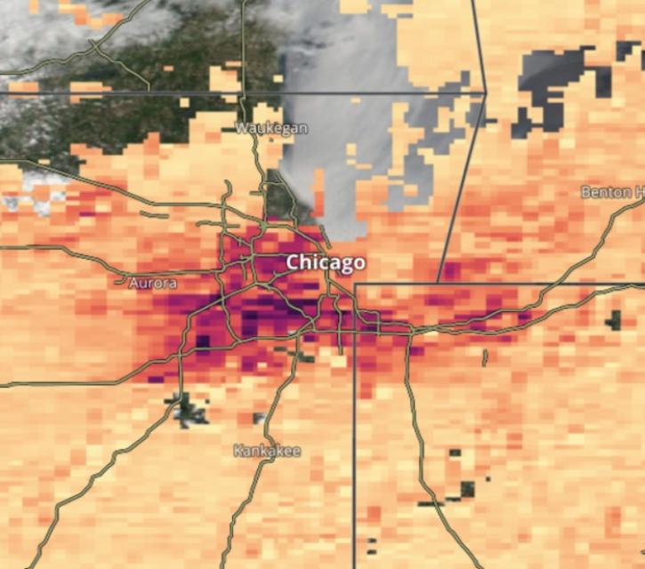 A view of atmospheric pollution in the Chicago metropolitan area from the TEMPO mission.