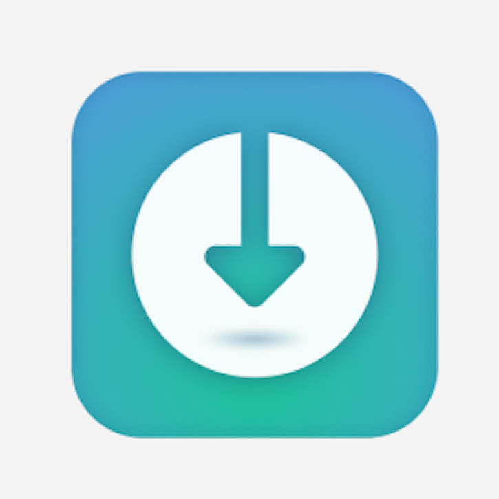 blue/green square with downward pointing green arrow on a white circle