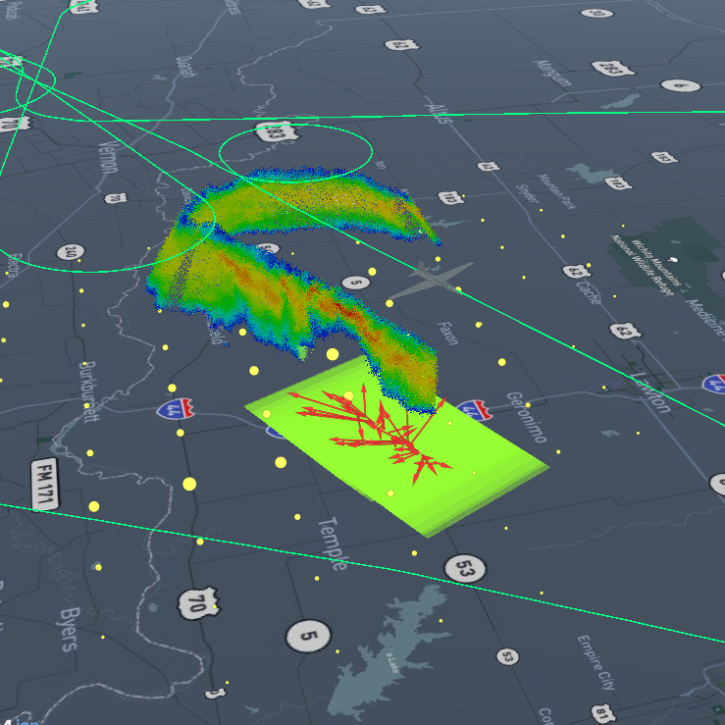 Square image of a map of Oklahoma with green lines indicating flight paths and a colored fringe indicating a T-storm
