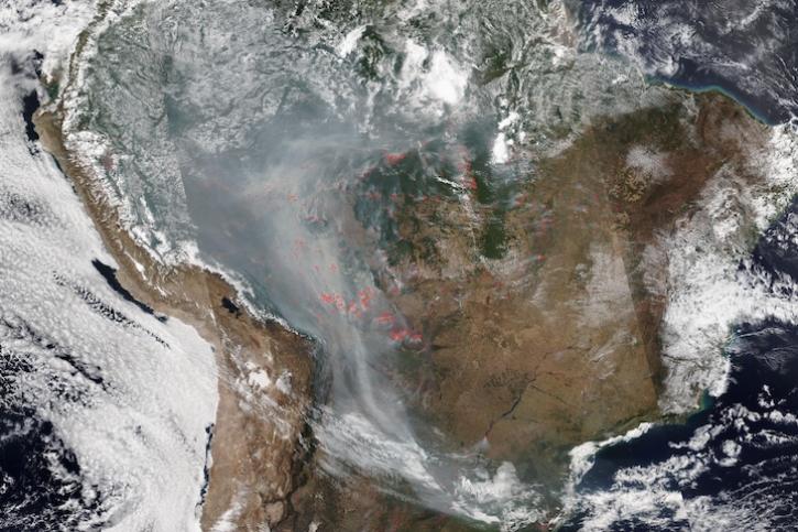 Thick smoke from fires in Bolivia and Brazil on 28 August 2024 from the VIIRS instrument aboard the NOAA-20 satellite
