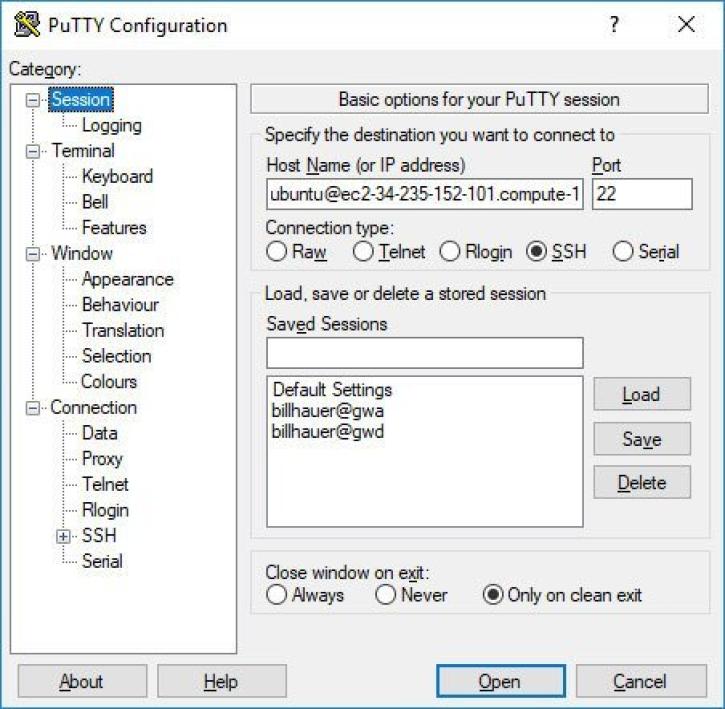 Image shows the PuTTY configuration interface