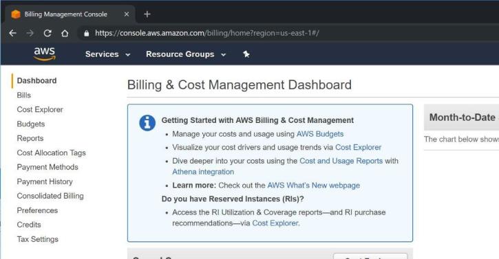 This image shows the AWS Billing & Cost Management Dashboard