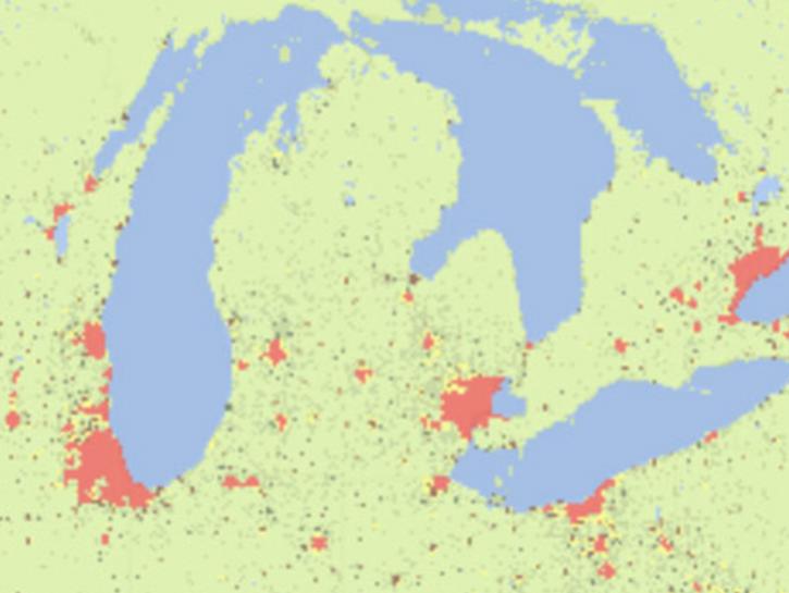 data from POPGRID viewer showing population density over the Great Lakes region