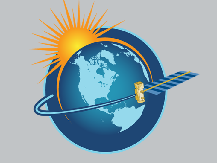 Image of Earth with Sun rising in northwest; satellite in orbit around planet